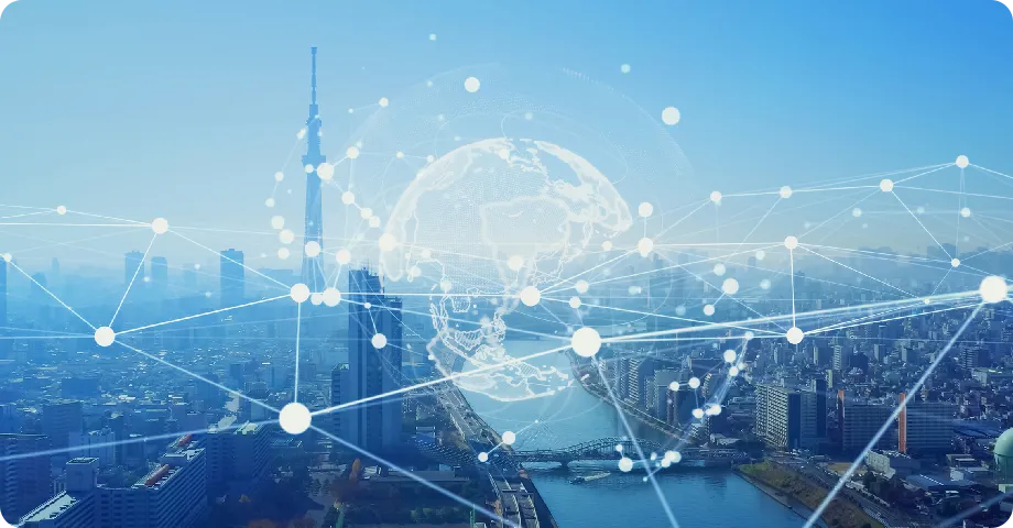 An image of a digital network spreading out over the city.