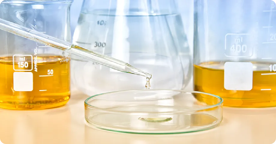 試験管で液体をピペットからペトリ皿に滴下している実験室の様子。