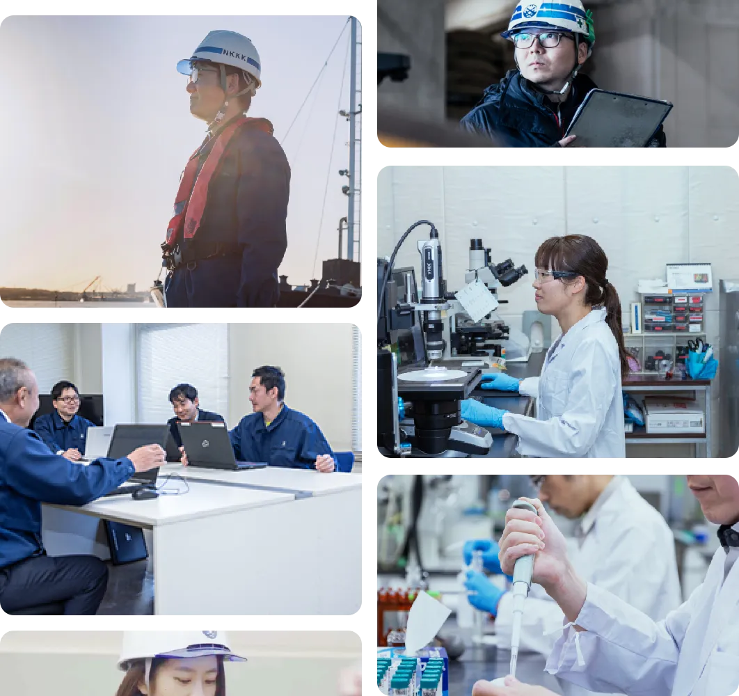 現場作業員と研究員が働く様子。